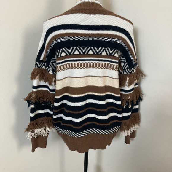 Women’s Brown White Cream Black Stripes with Fringes on the LS Knit Sweater - Picture 4 of 5